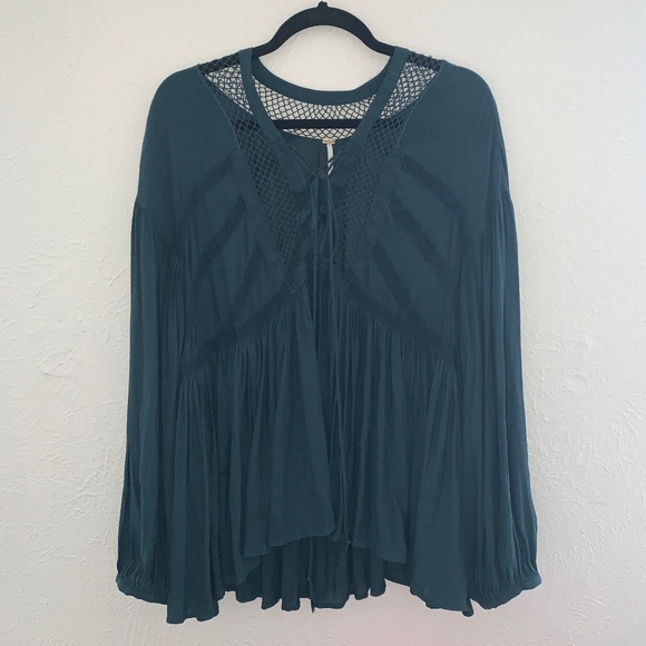 free people dark green lace up blouse size large - Picture 1 of 6